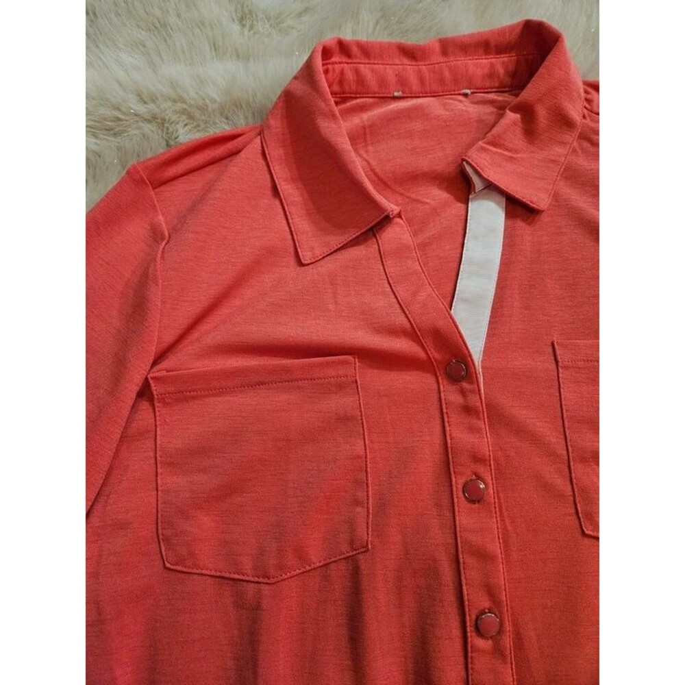 Coral Pink Button-Down Roll-Tab Sleeve Blouse L | Dual Pocket Lightweight Shirt